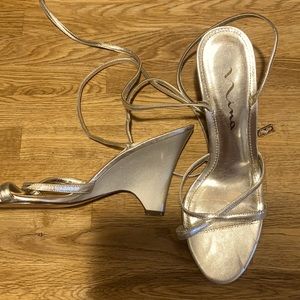 Silver ankle wrap tie wedges